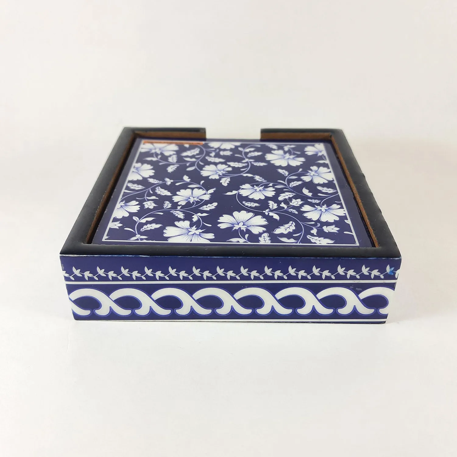 Blue Pottery Coaster with Holder (Set of 4)