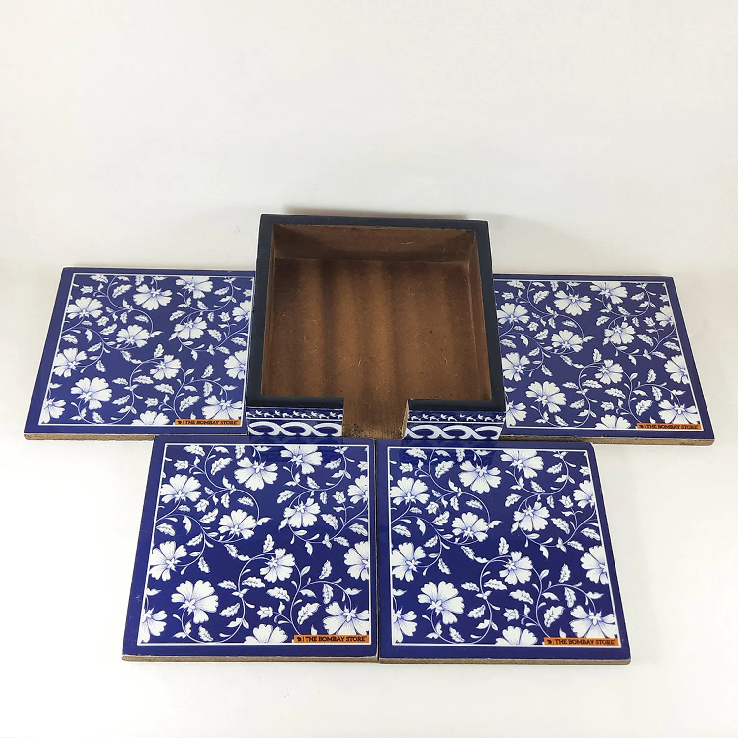 Blue Pottery Coaster with Holder (Set of 4)
