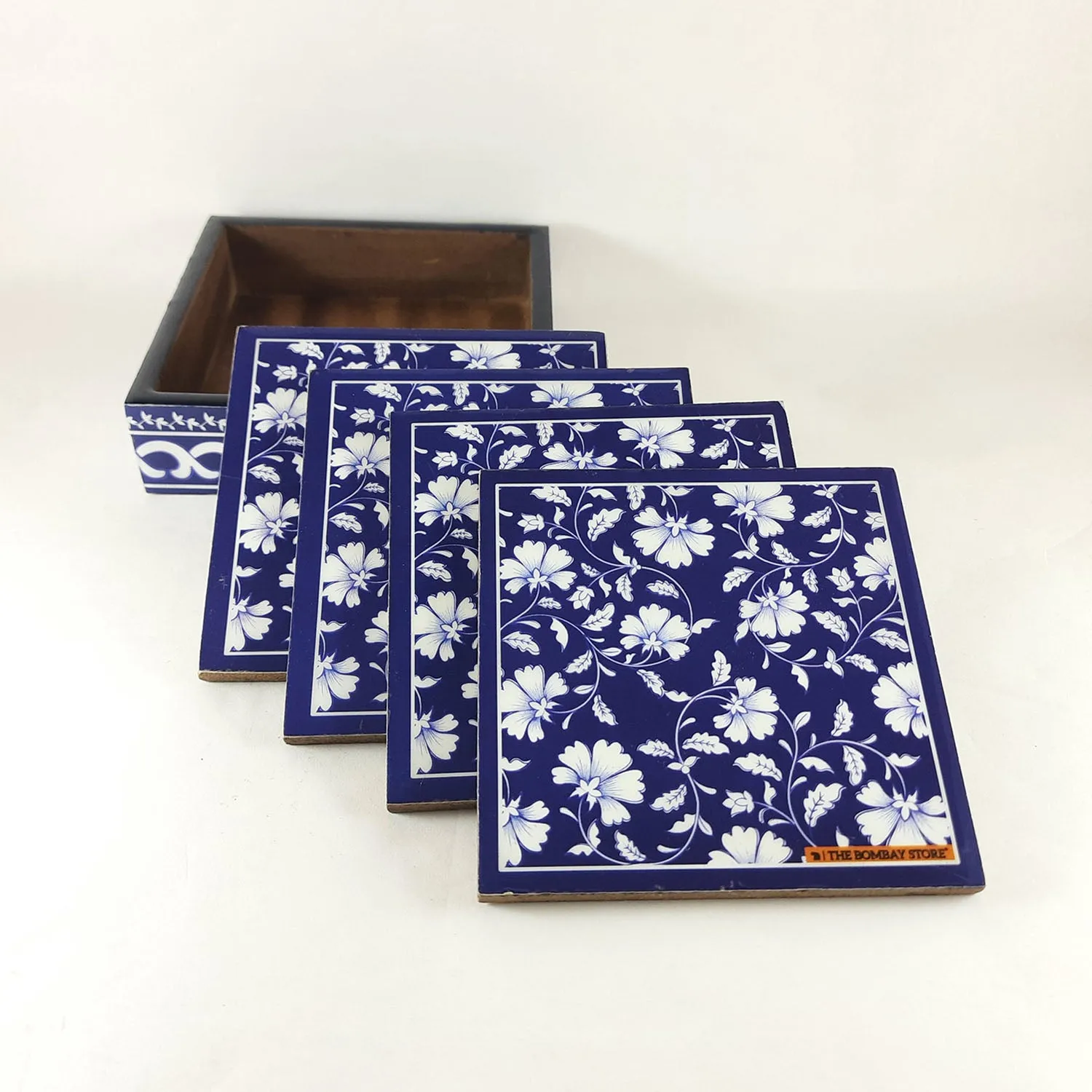 Blue Pottery Coaster with Holder (Set of 4)