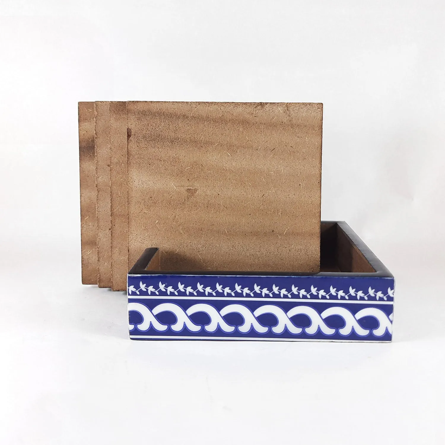 Blue Pottery Coaster with Holder (Set of 4)
