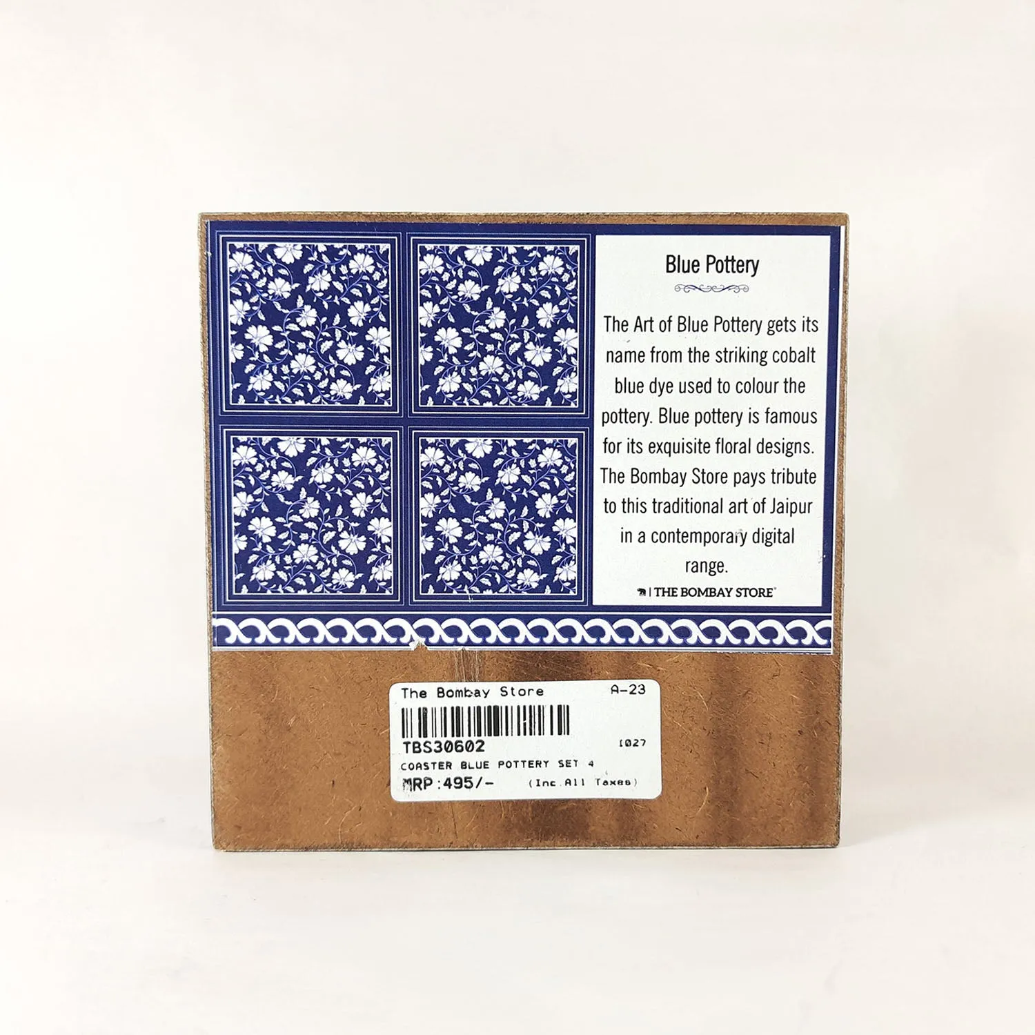 Blue Pottery Coaster with Holder (Set of 4)