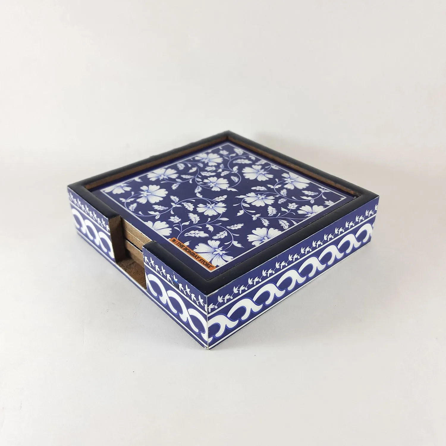 Blue Pottery Coaster with Holder (Set of 4)